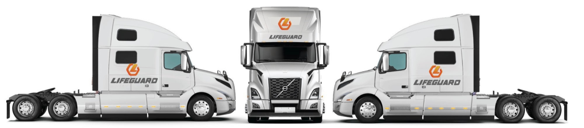 Lifeguard Transportation Volvo truck lineup — side, front, and side views